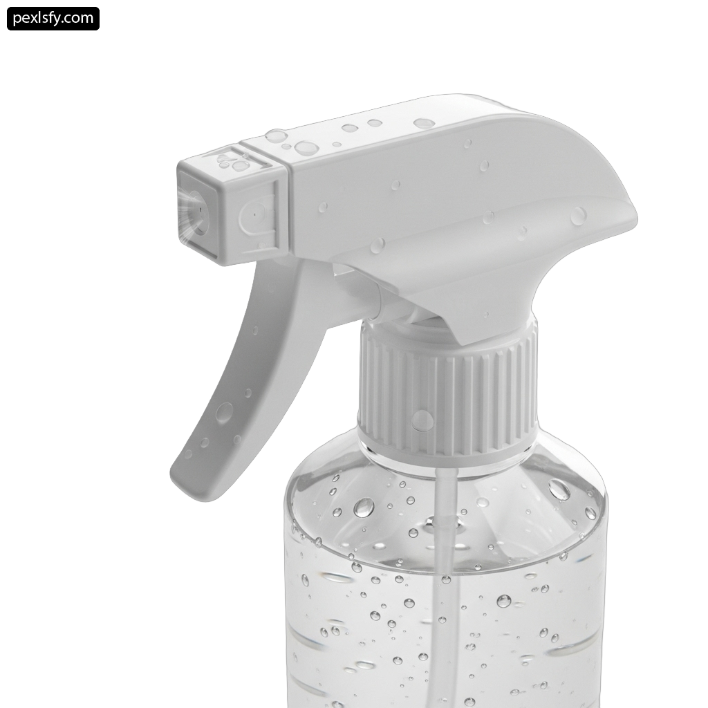 Clear plastic spray bottle with a white trigger png transparent background