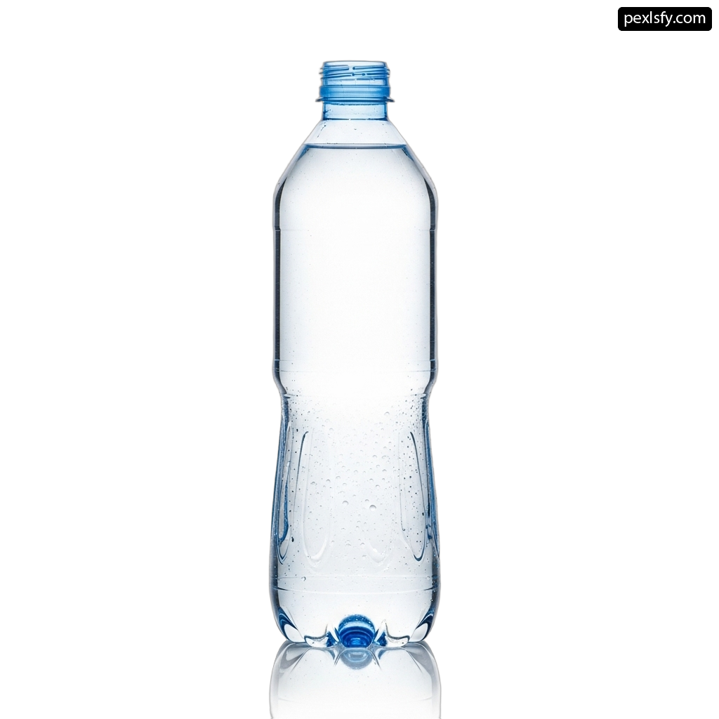 Clear plastic water bottle with a blue cap png transparent background