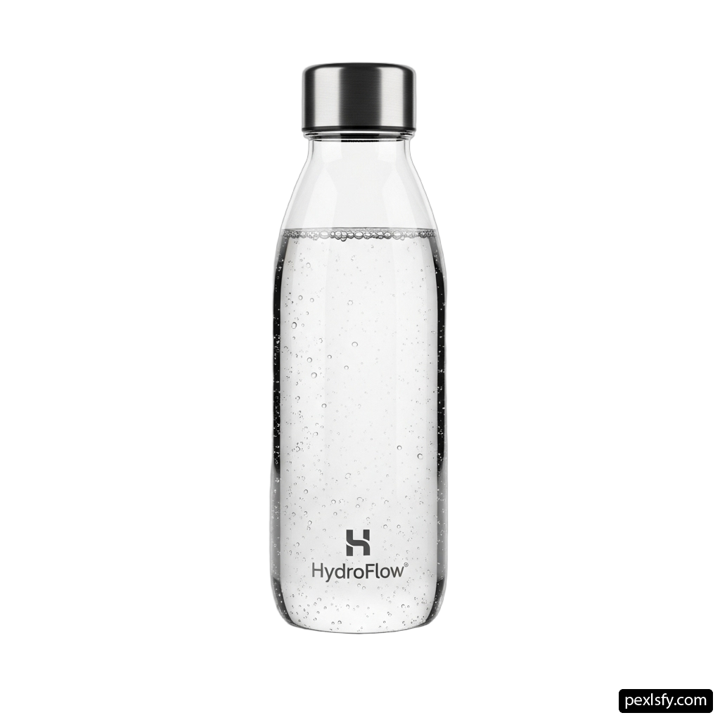 Clear water bottle with a black lid png transparent background