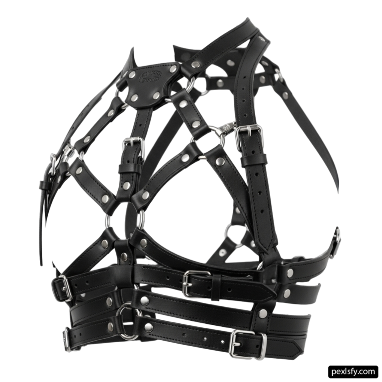 Close up of a black leather harness on a white background png transparent background