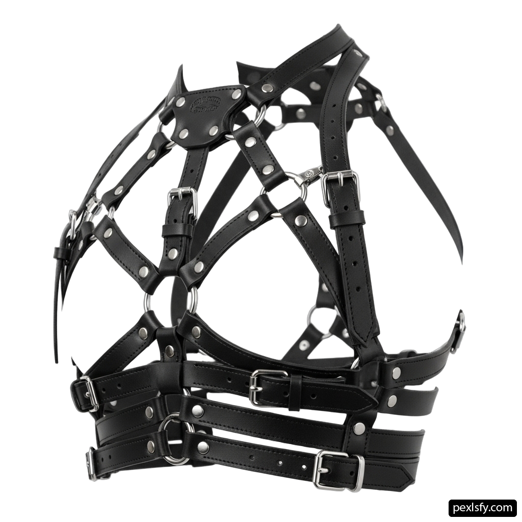Close up of a black leather harness on a white background png transparent background