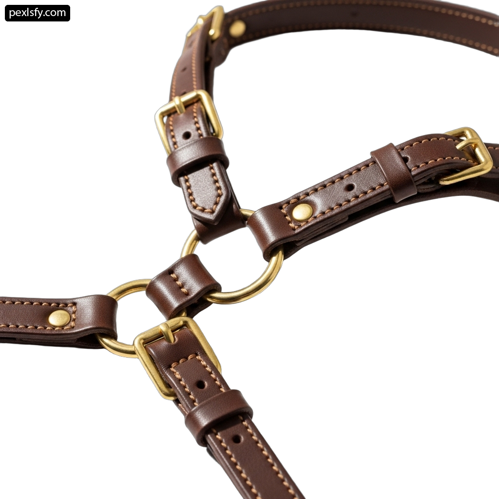 Close up of a brown leather halter on a white background png transparent background