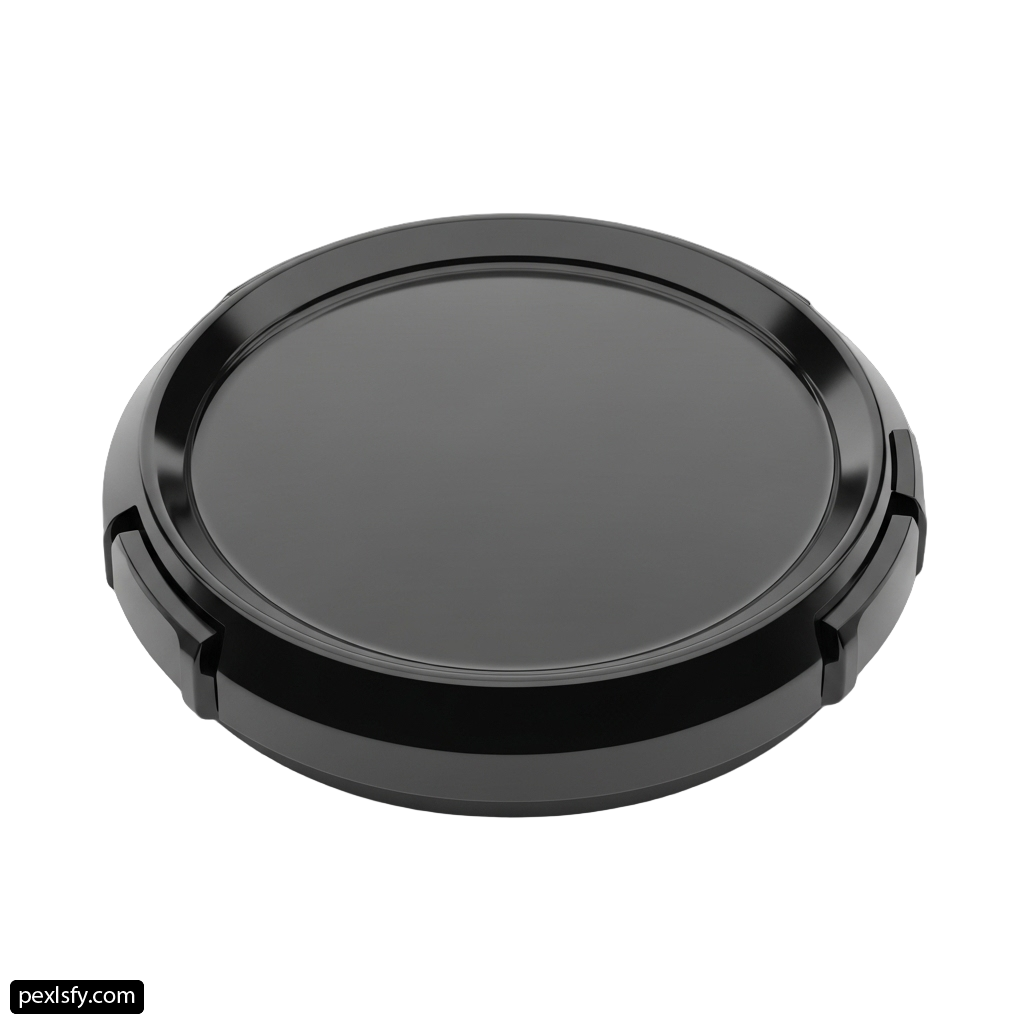 Close up of a camera lens cap on a white background png transparent background