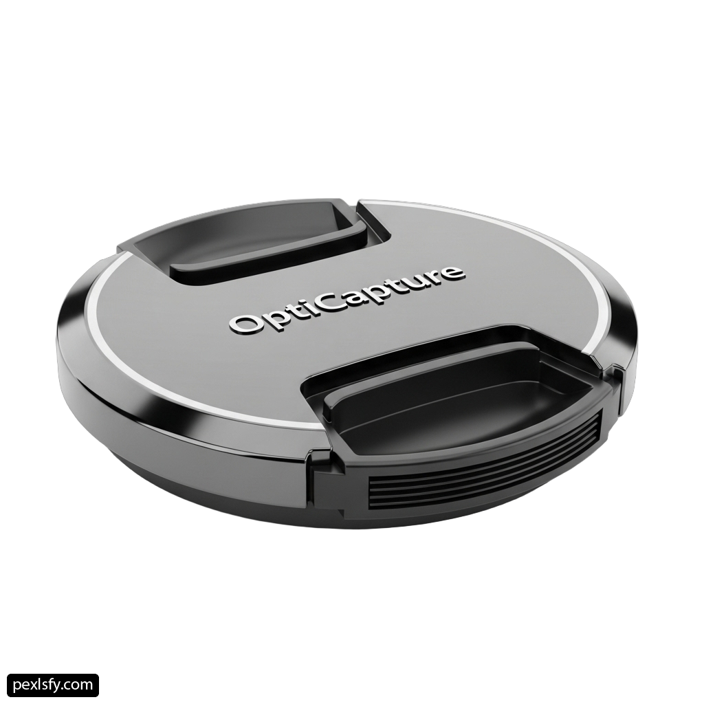 Close up of a camera lens cap on a white background png transparent background