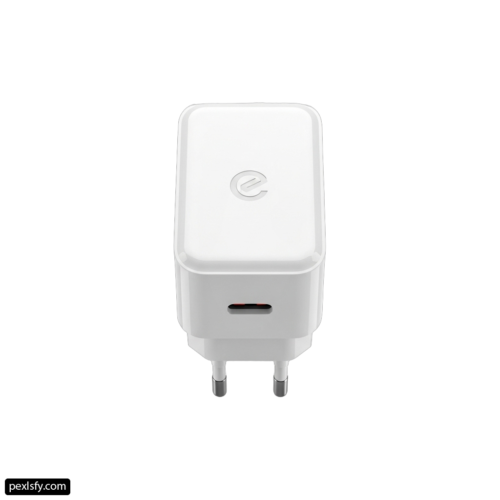 Close up of a white wall charger on a white background png transparent background
