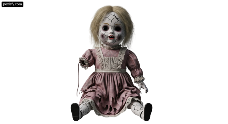 Creepy doll sitting on the ground with a white background png transparent background
