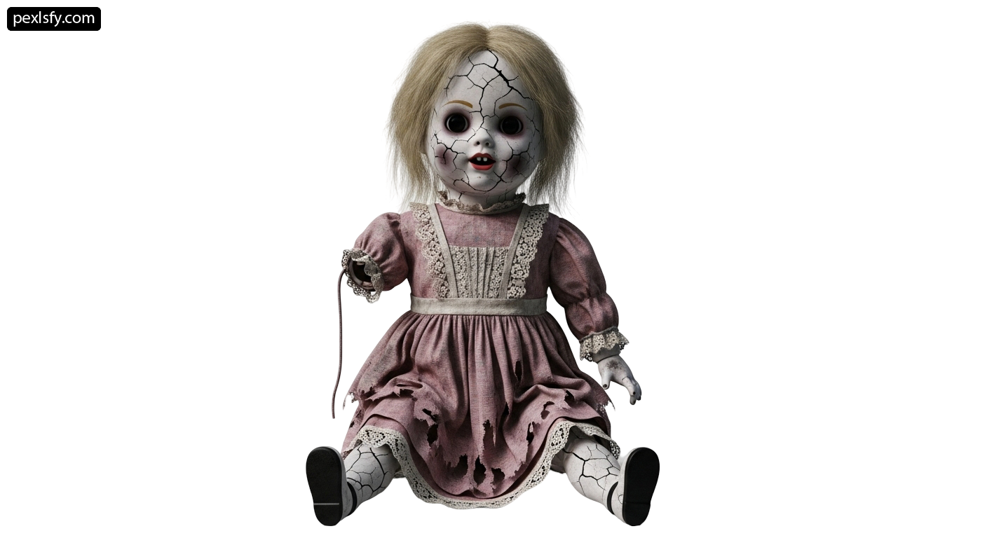Creepy doll sitting on the ground with a white background png transparent background