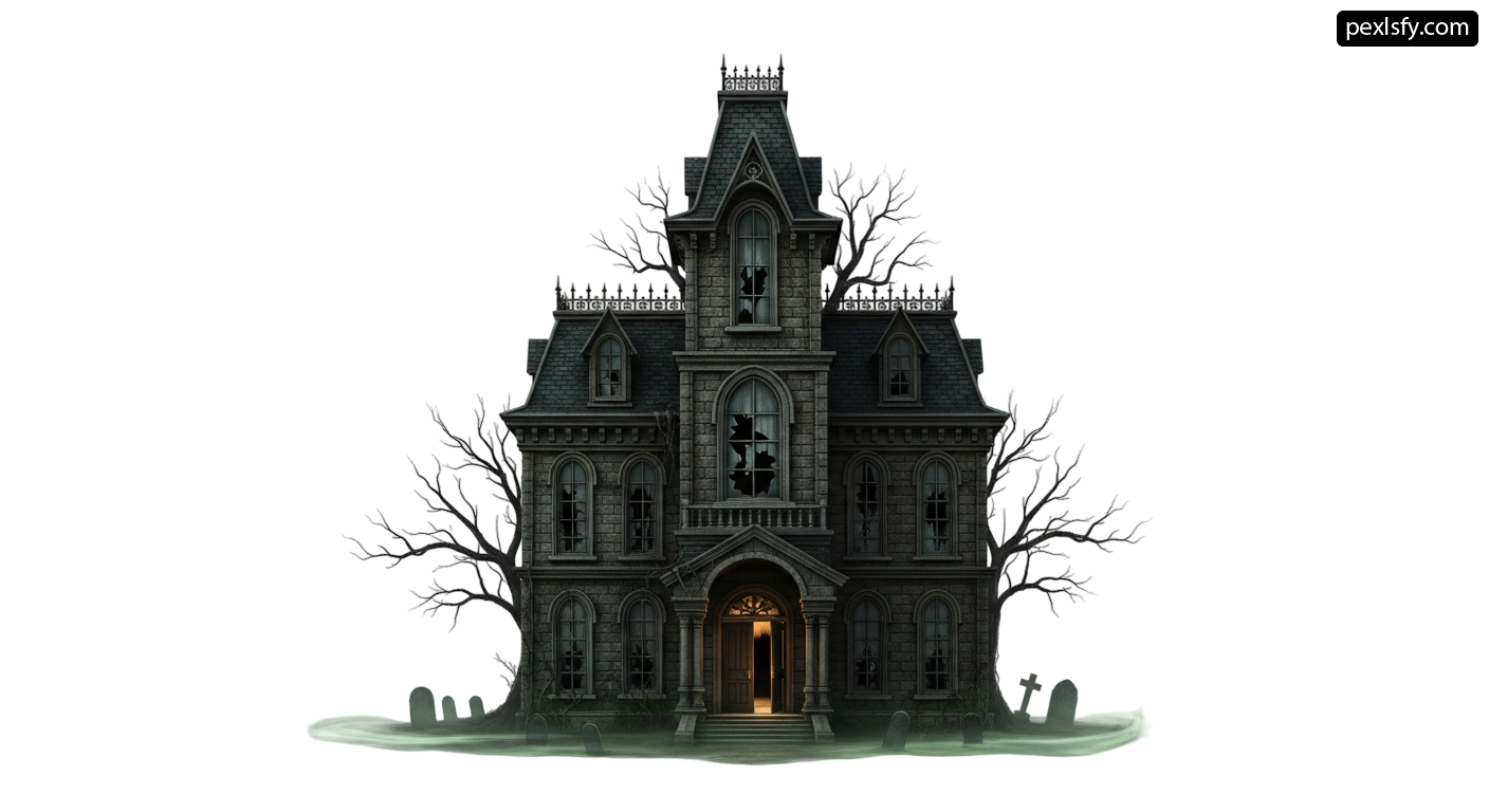 Creepy house with a tree in front of it png transparent background