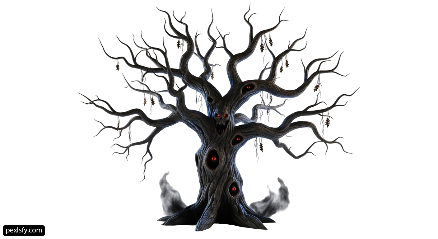 Creepy tree with red eyes and no leaves png transparent background