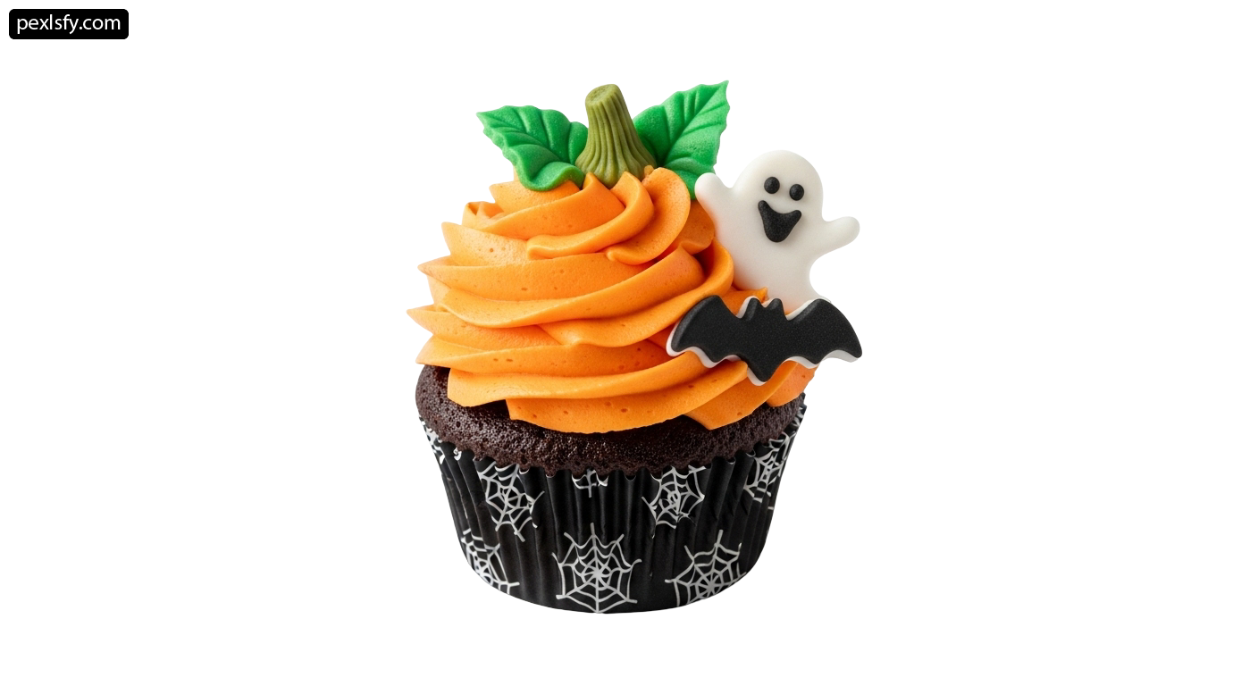 Cupcake decorated with orange frosting and a ghost png transparent background