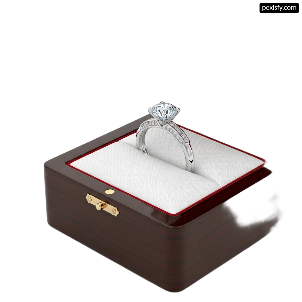 Diamond engagement ring in a wooden box png transparent background