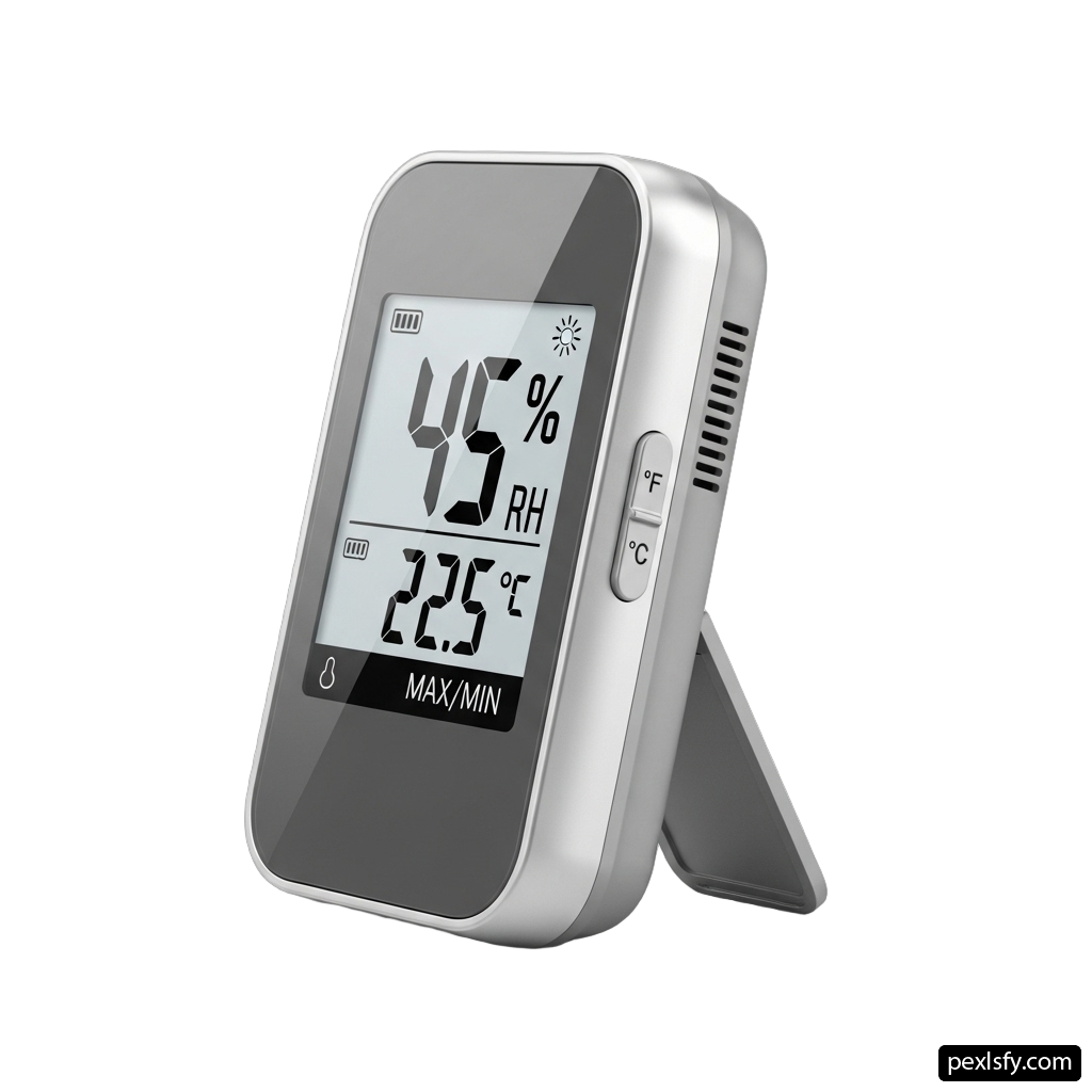 Digital thermometer on a stand on a white background png transparent background