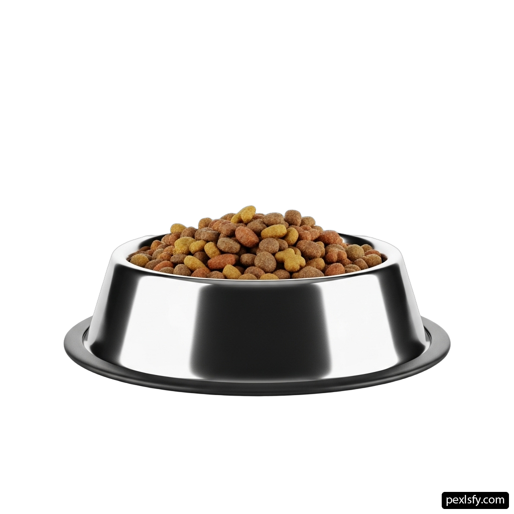 Dog bowl filled with dry food on a white background png transparent background