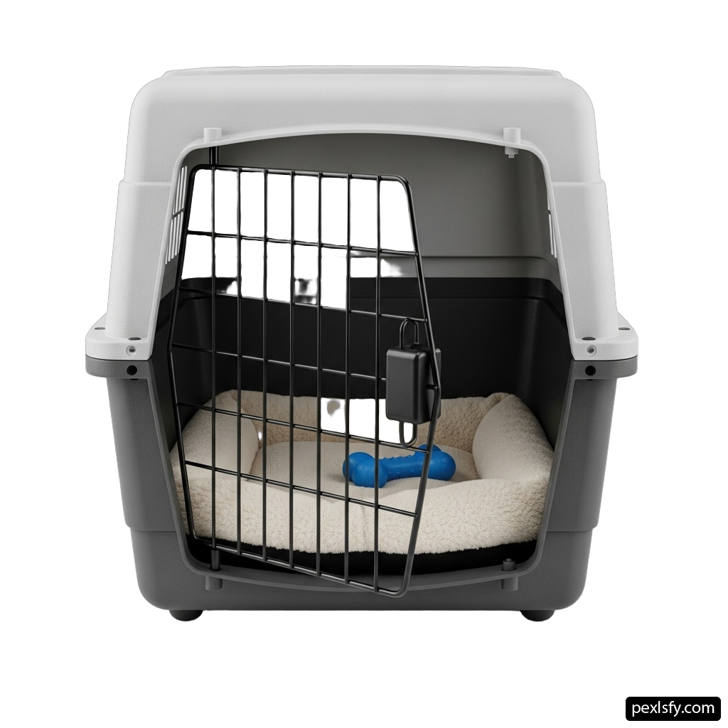 Dog crate with a blue toy inside of it png transparent background