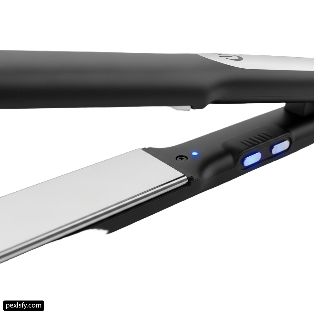 Flat iron with a blue light on it png transparent background