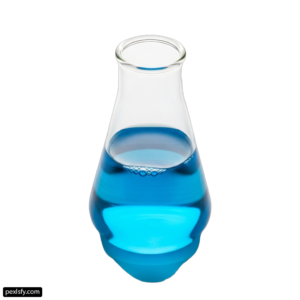 Glass beaker filled with blue liquid on a white background png transparent background