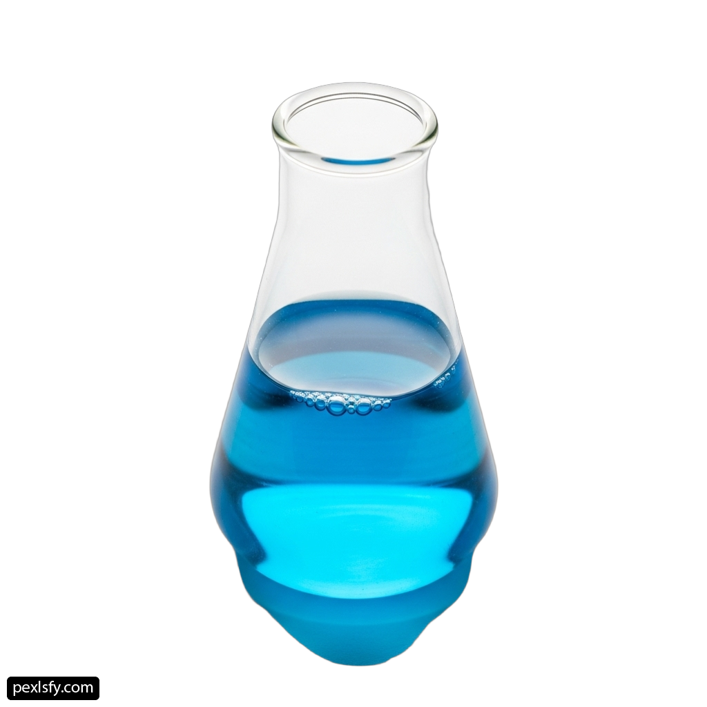 Glass beaker filled with blue liquid on a white background png transparent background