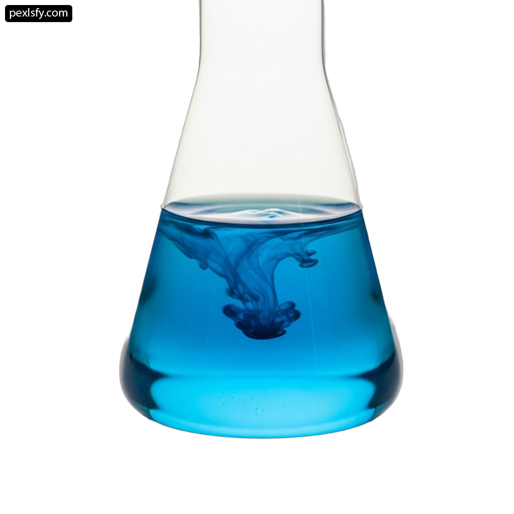 Glass beaker filled with blue liquid on a white background png transparent background