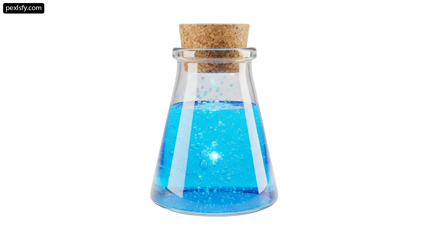 Glass bottle filled with blue liquid and a cork stopper png transparent background