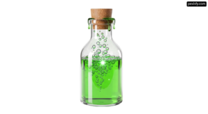 Glass bottle filled with green liquid and bubbles png transparent background