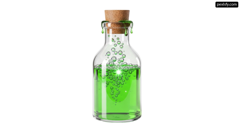 Glass bottle filled with green liquid and bubbles png transparent background