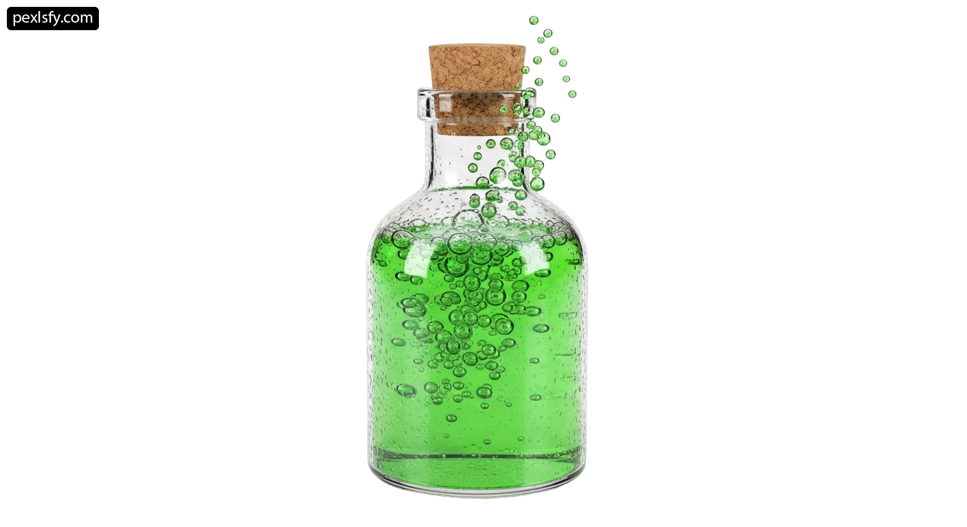 Glass bottle filled with green liquid and bubbles png transparent background