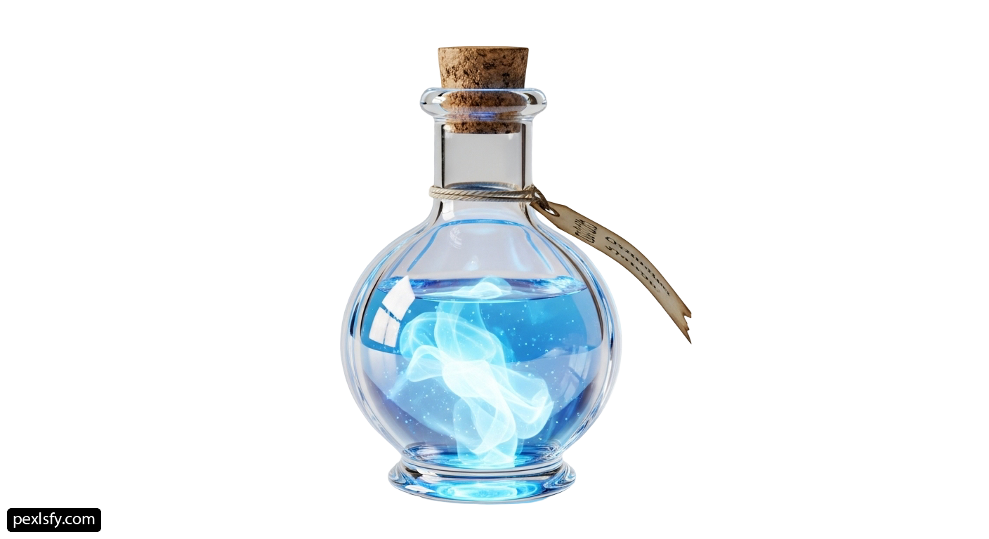 Glass bottle with a blue liquid inside of it png transparent background