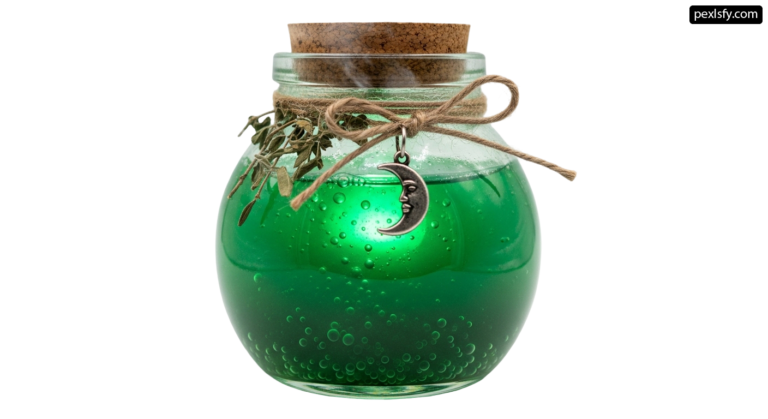 Glass jar filled with green liquid and a crescent moon png transparent background