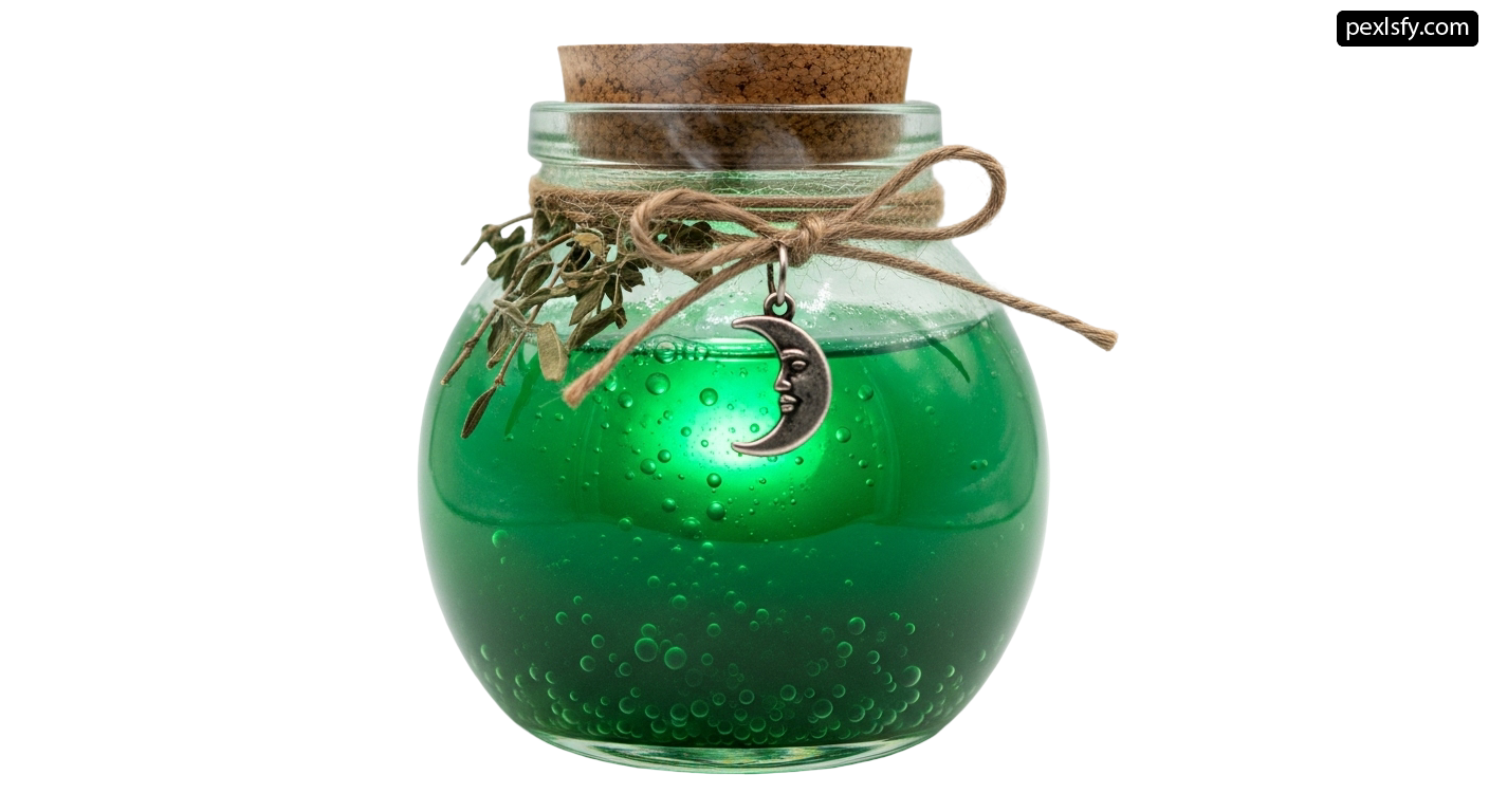 Glass jar filled with green liquid and a crescent moon png transparent background