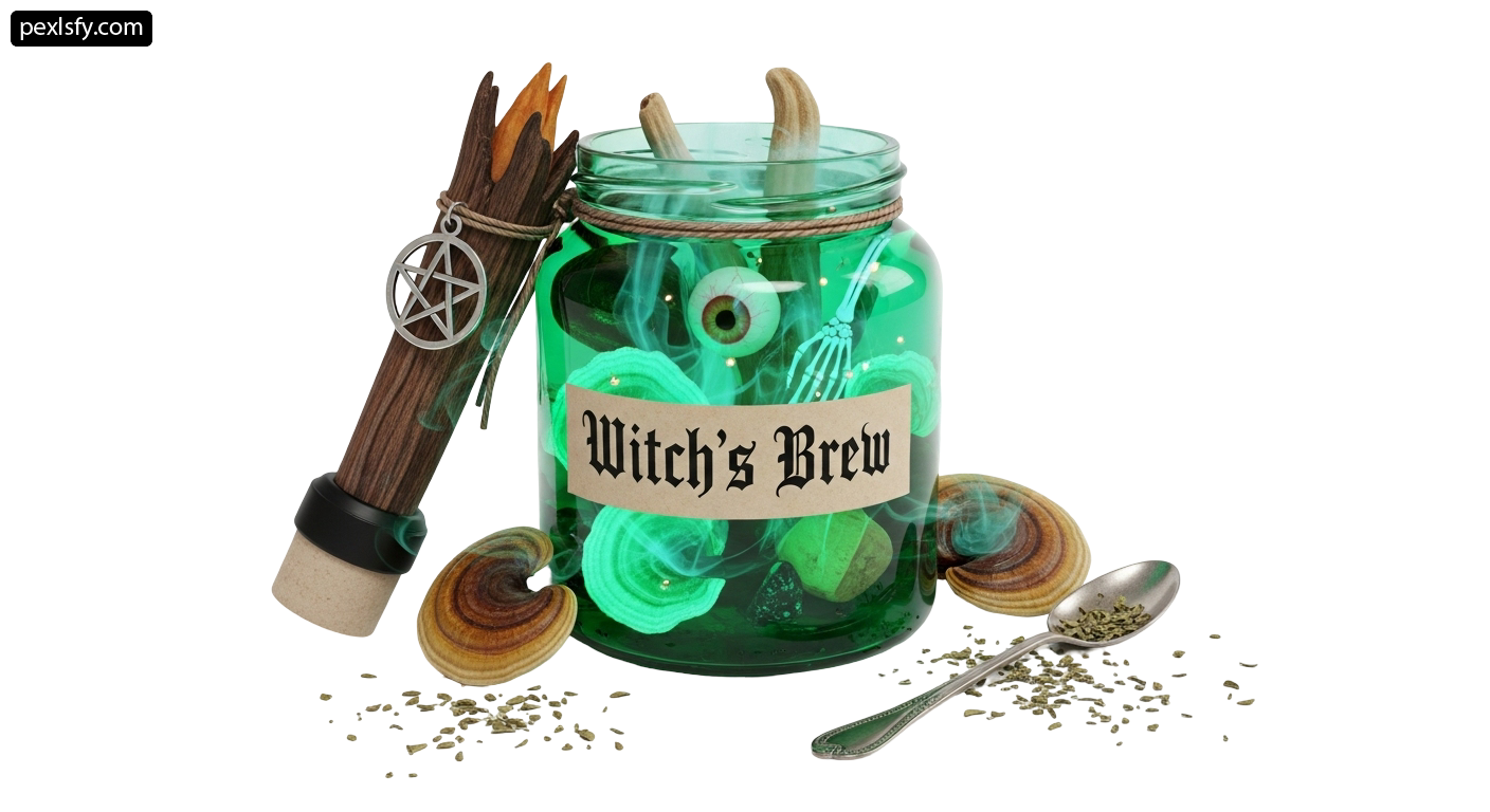 Glass jar filled with green liquid next to a spoon png transparent background