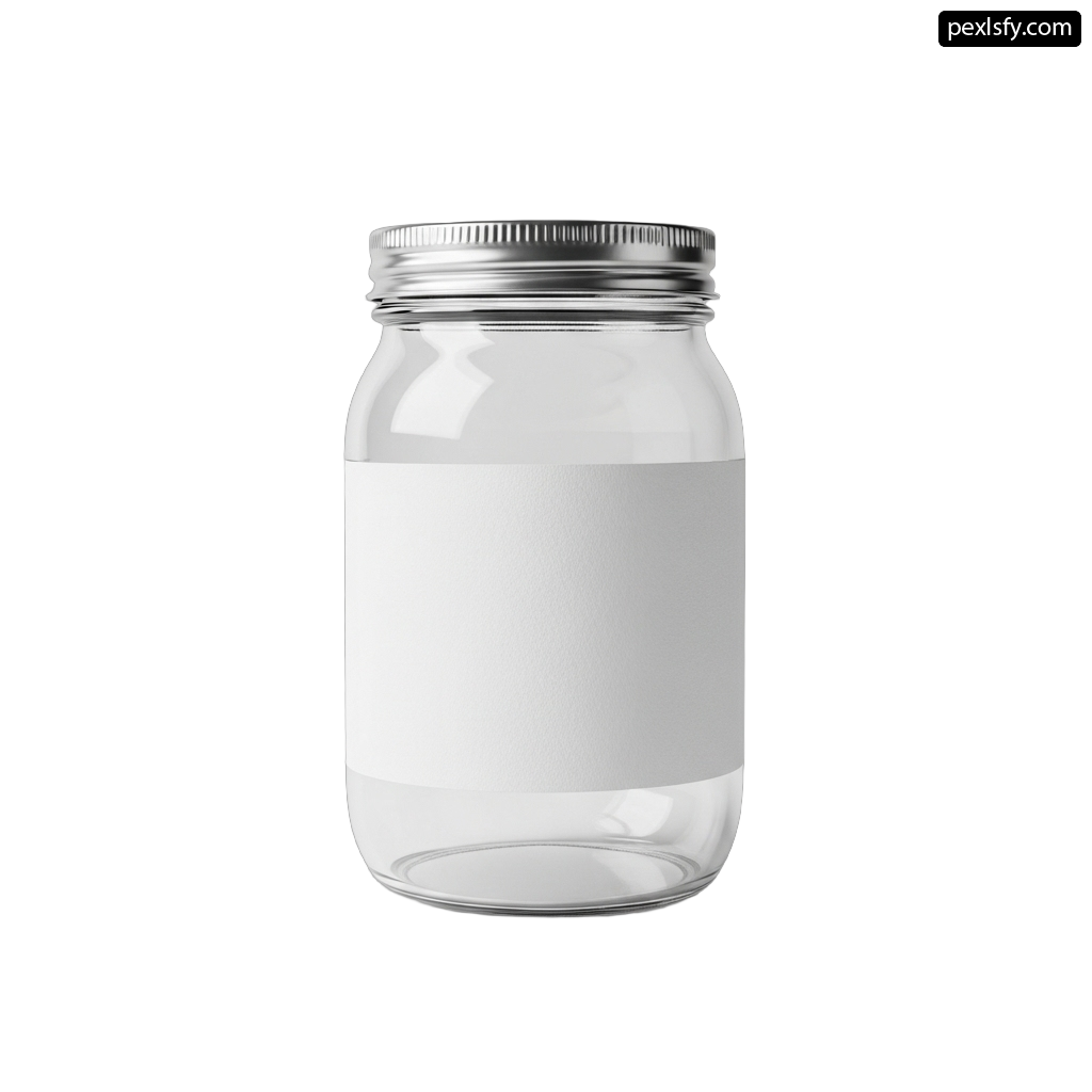 Glass jar with a white label on it png transparent background