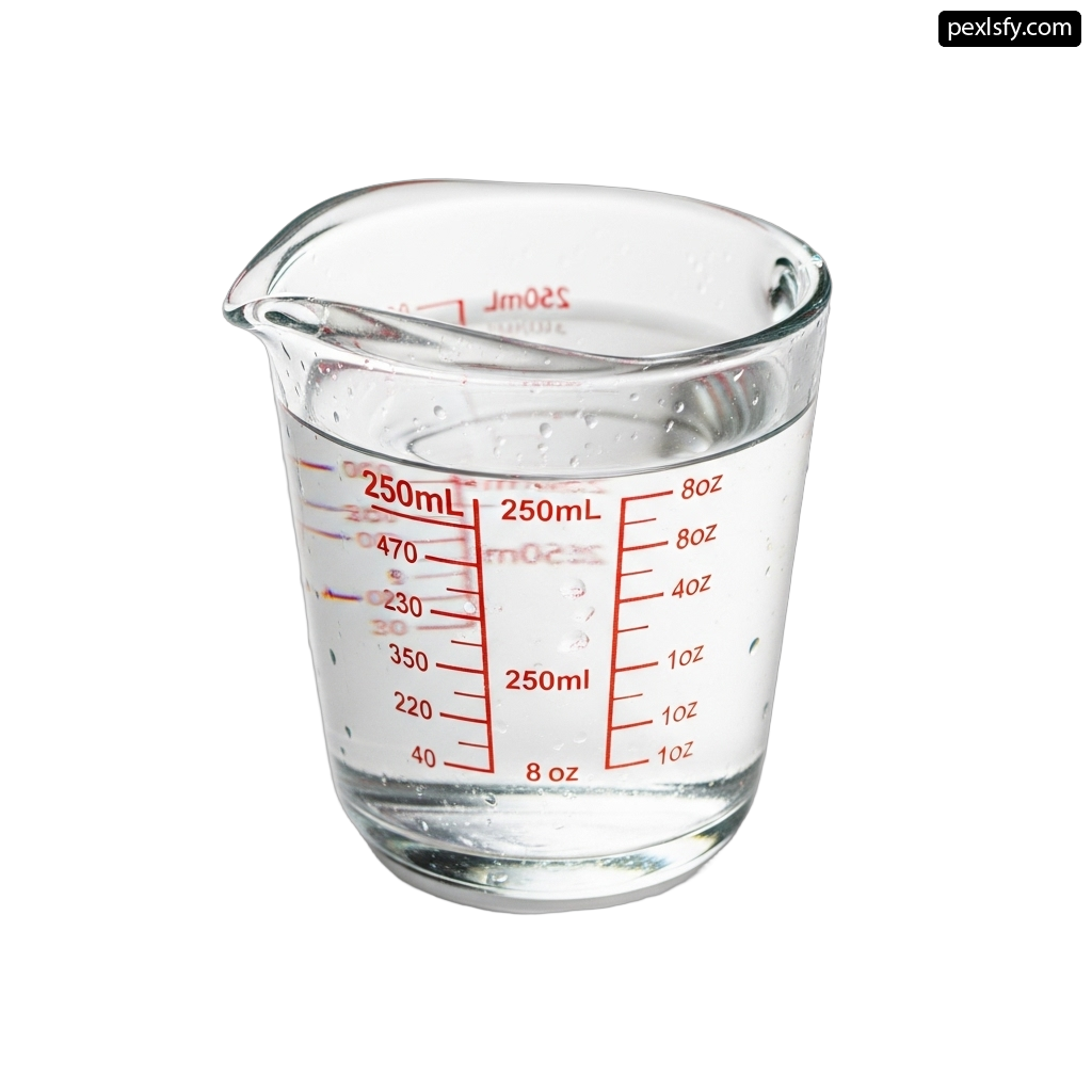 Glass measuring cup filled with water on a white background png transparent background