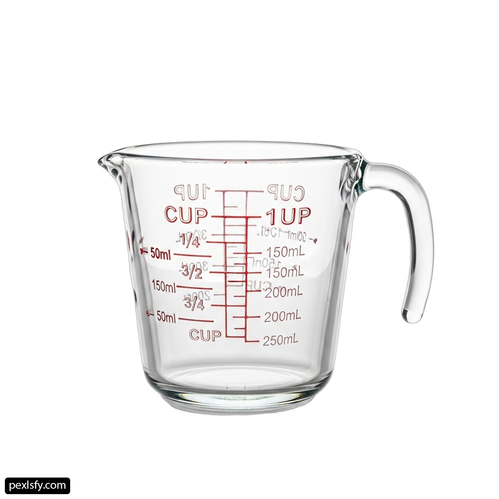 Glass measuring cup with a measuring scale on it png transparent background