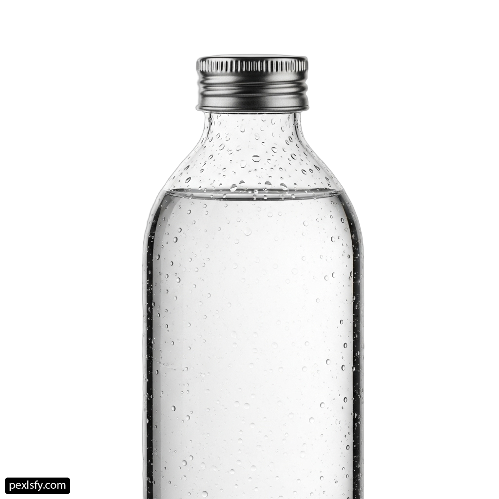 Glass water bottle with water droplets on it png transparent background