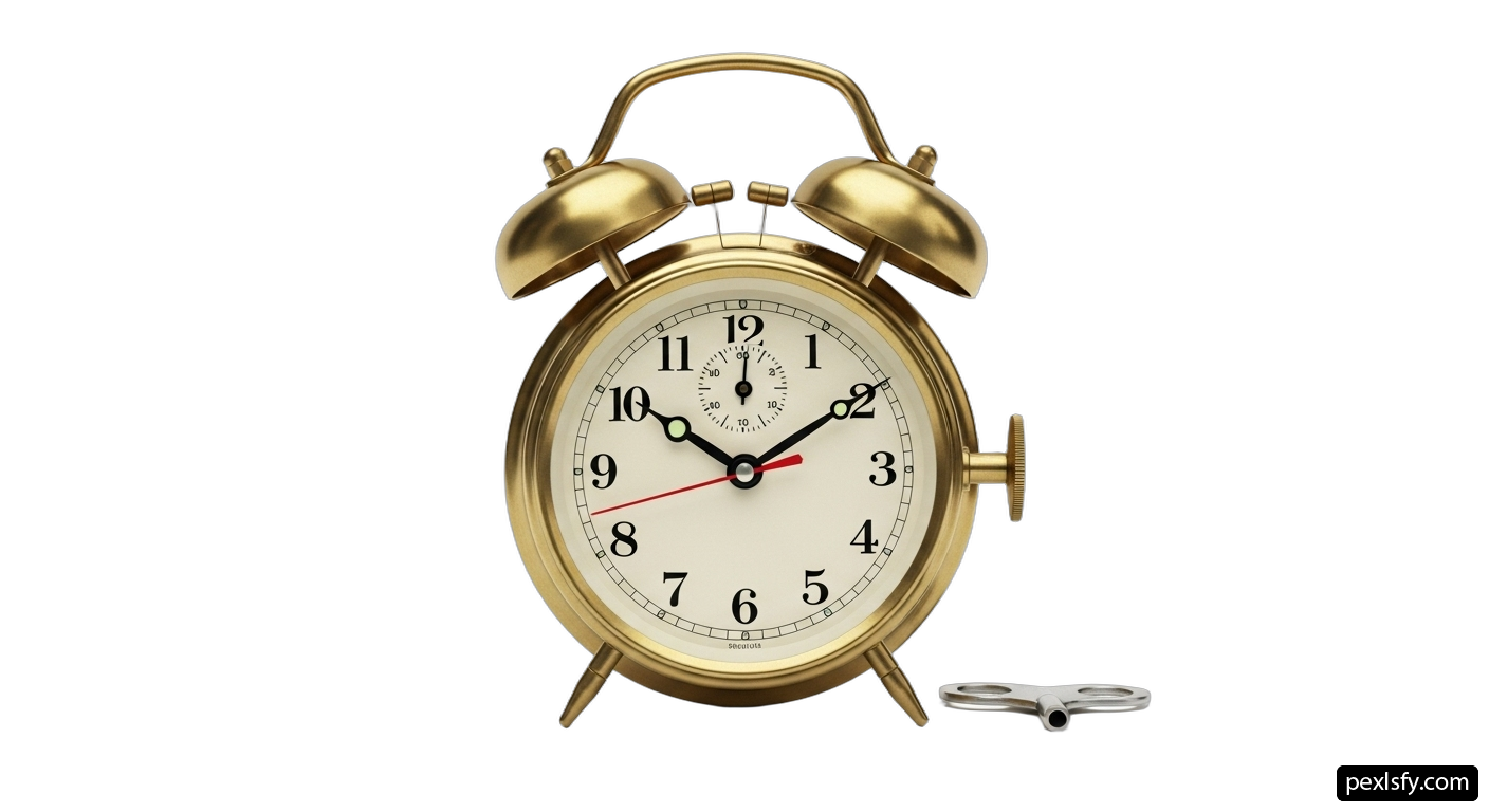 Gold alarm clock with a pair of scissors next to it png transparent background