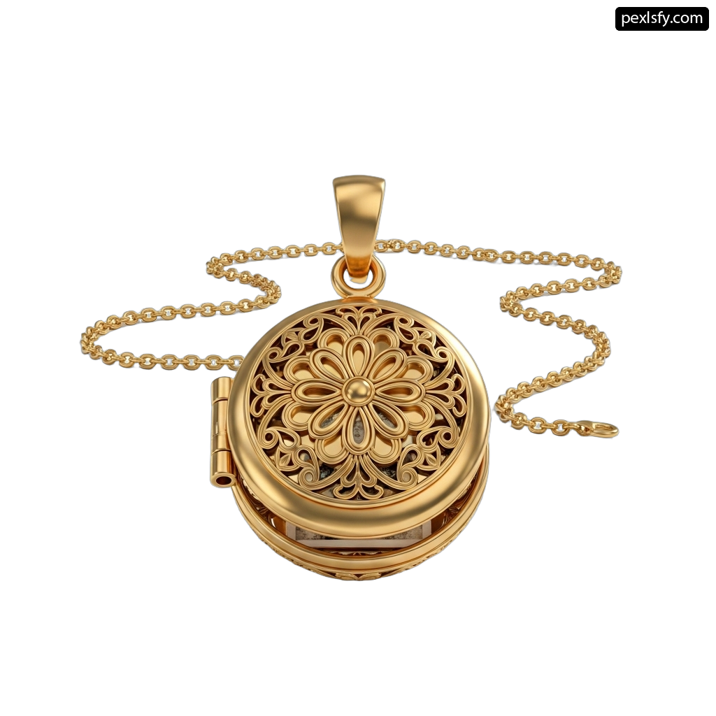 Gold locke with a flower design on it png transparent background