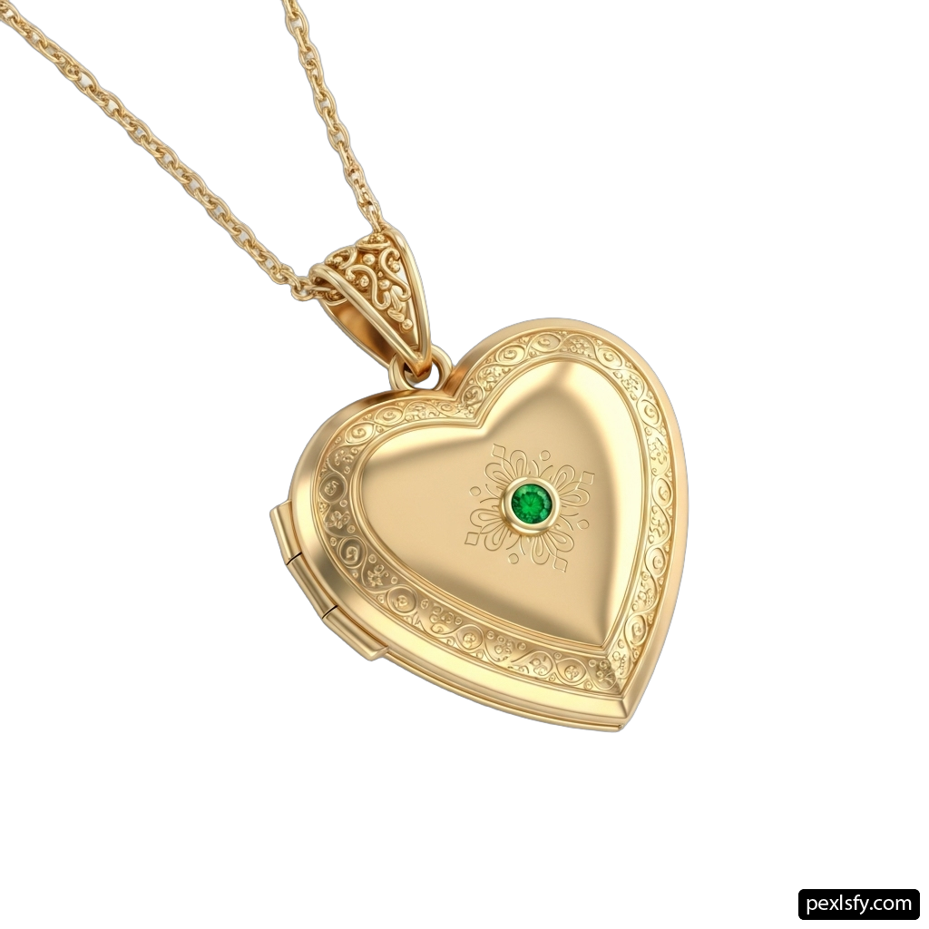 Gold locke with a green stone on a chain png transparent background