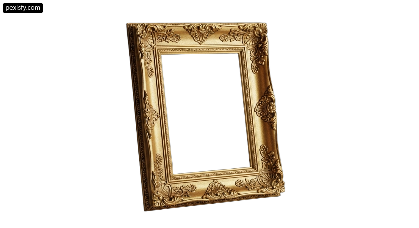 Gold ornate picture frame on a white background png transparent background