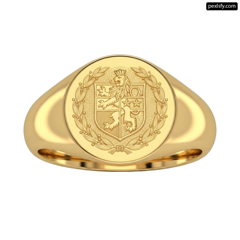 Gold signet ring with a coat of arms on it png transparent background