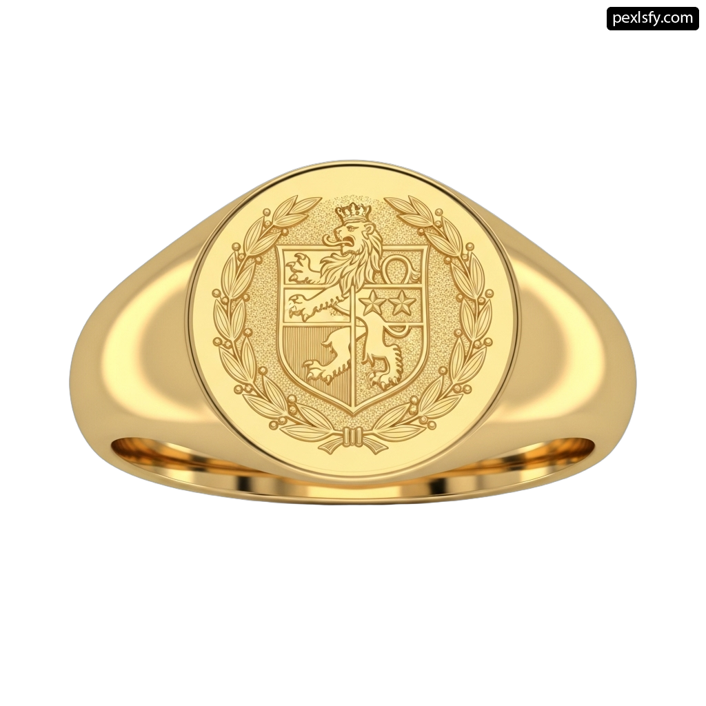Gold signet ring with a coat of arms on it png transparent background