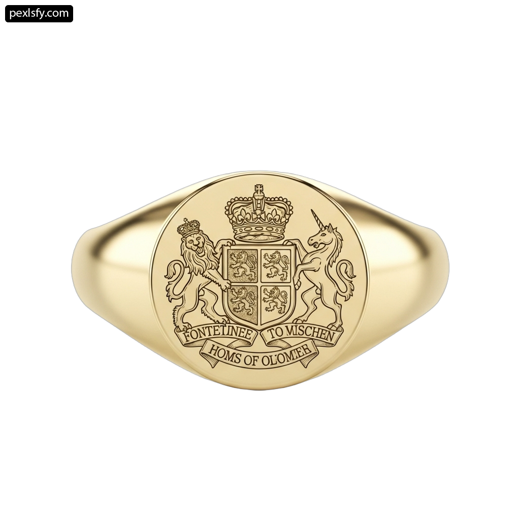 Gold signet ring with a coat of arms on it png transparent background