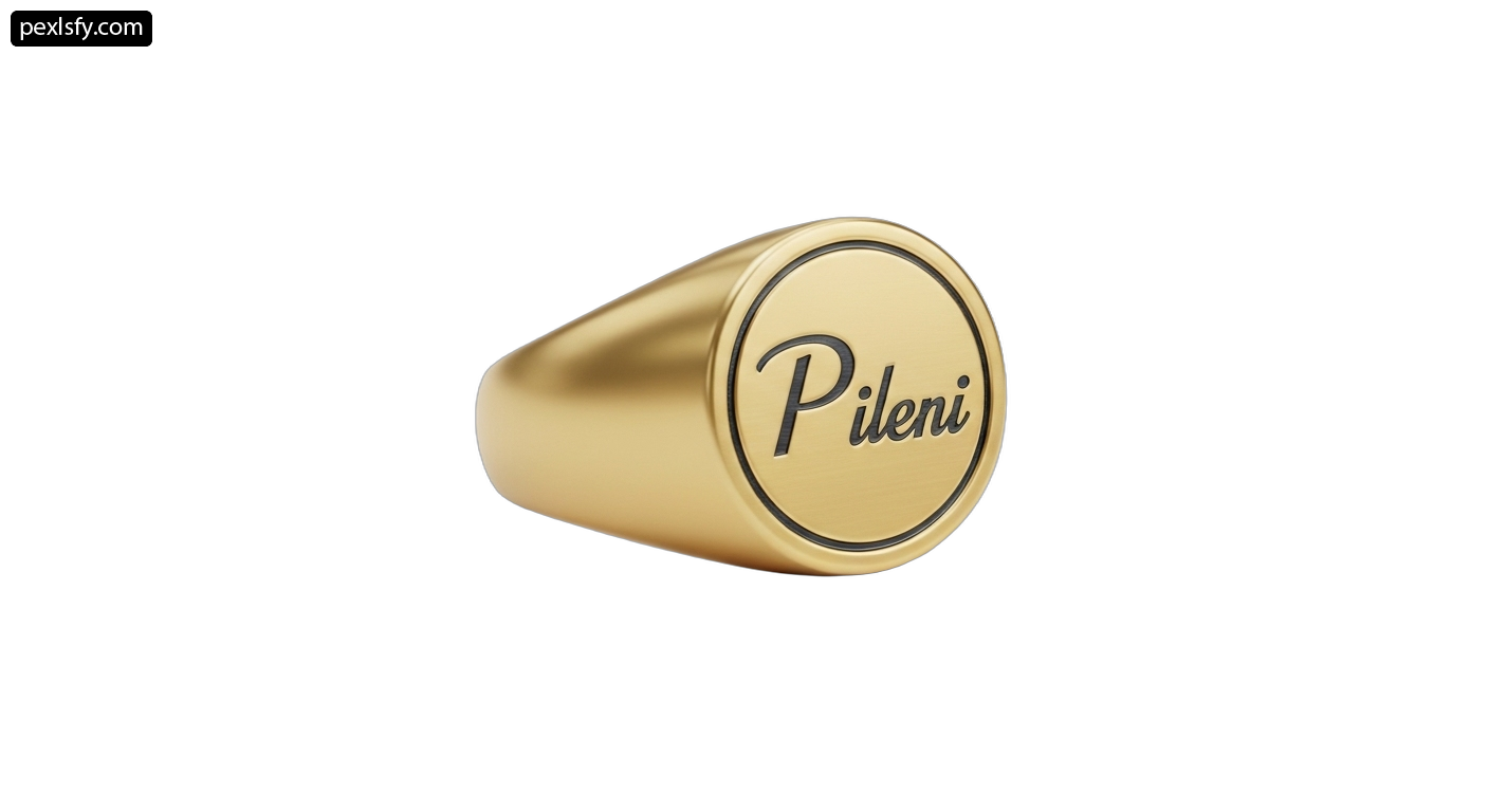 Gold signet ring with the word pileni on it png transparent background