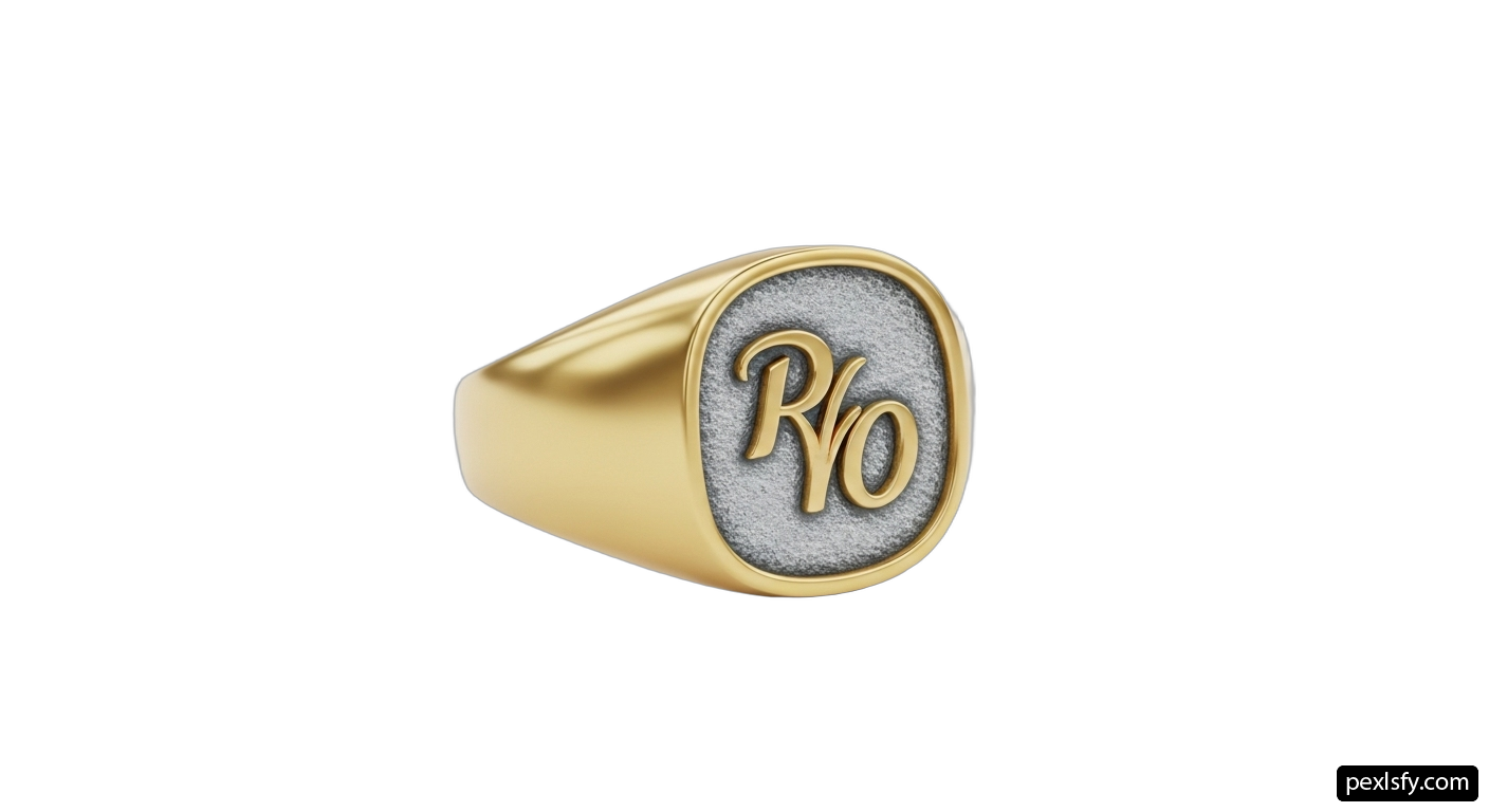 Gold signet ring with the word rio on it png transparent background