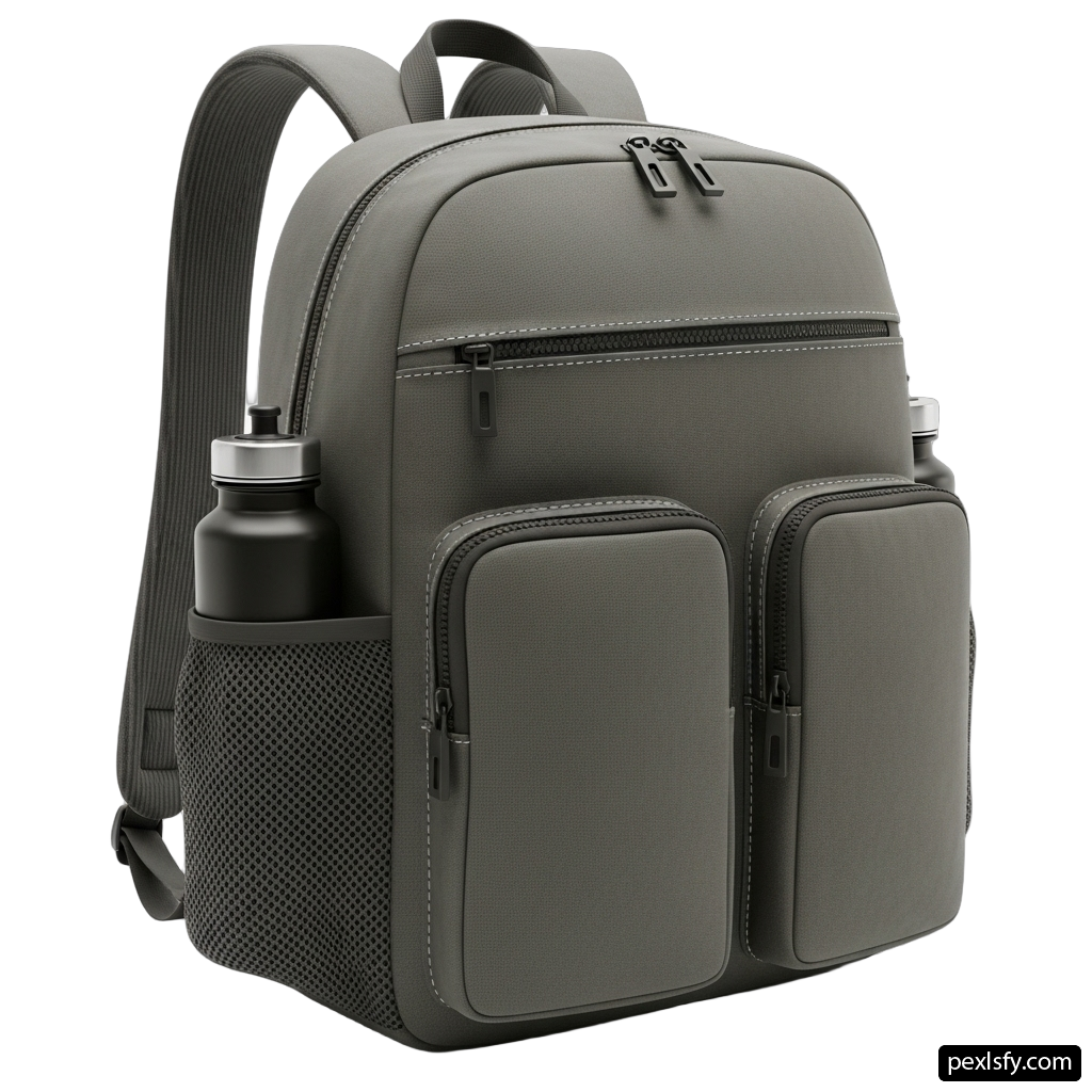 Gray backpack with a water bottle in it png transparent background