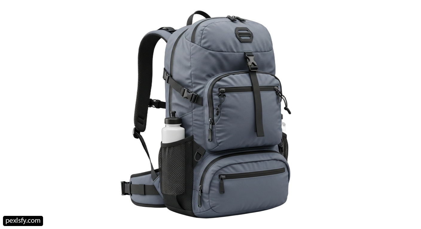 Gray backpack with a water bottle in it png transparent background