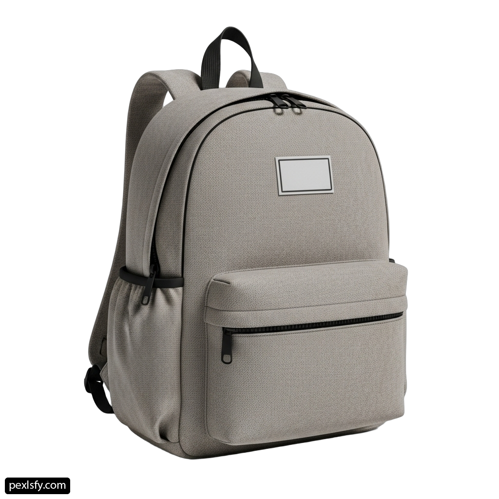 Gray backpack with a white label on it png transparent background