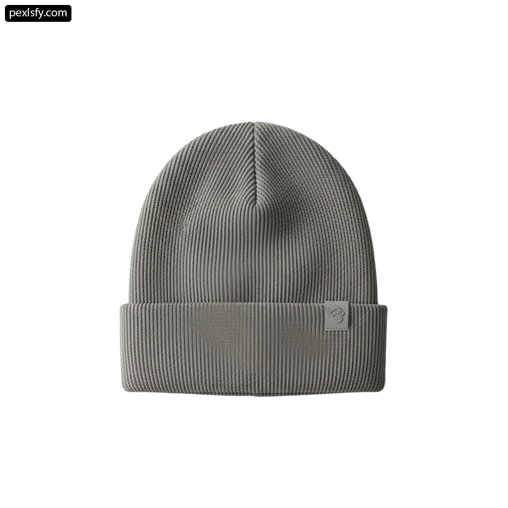 Gray beanie with a logo on the front png transparent background