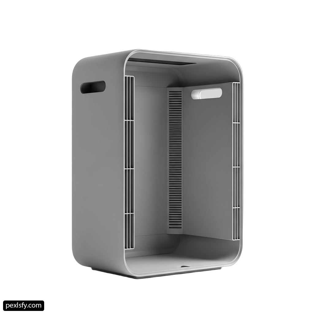 Gray computer case sitting on top of a white surface png transparent background