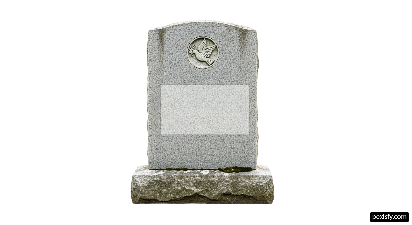 Gray granite headstone with a dove on it png transparent background