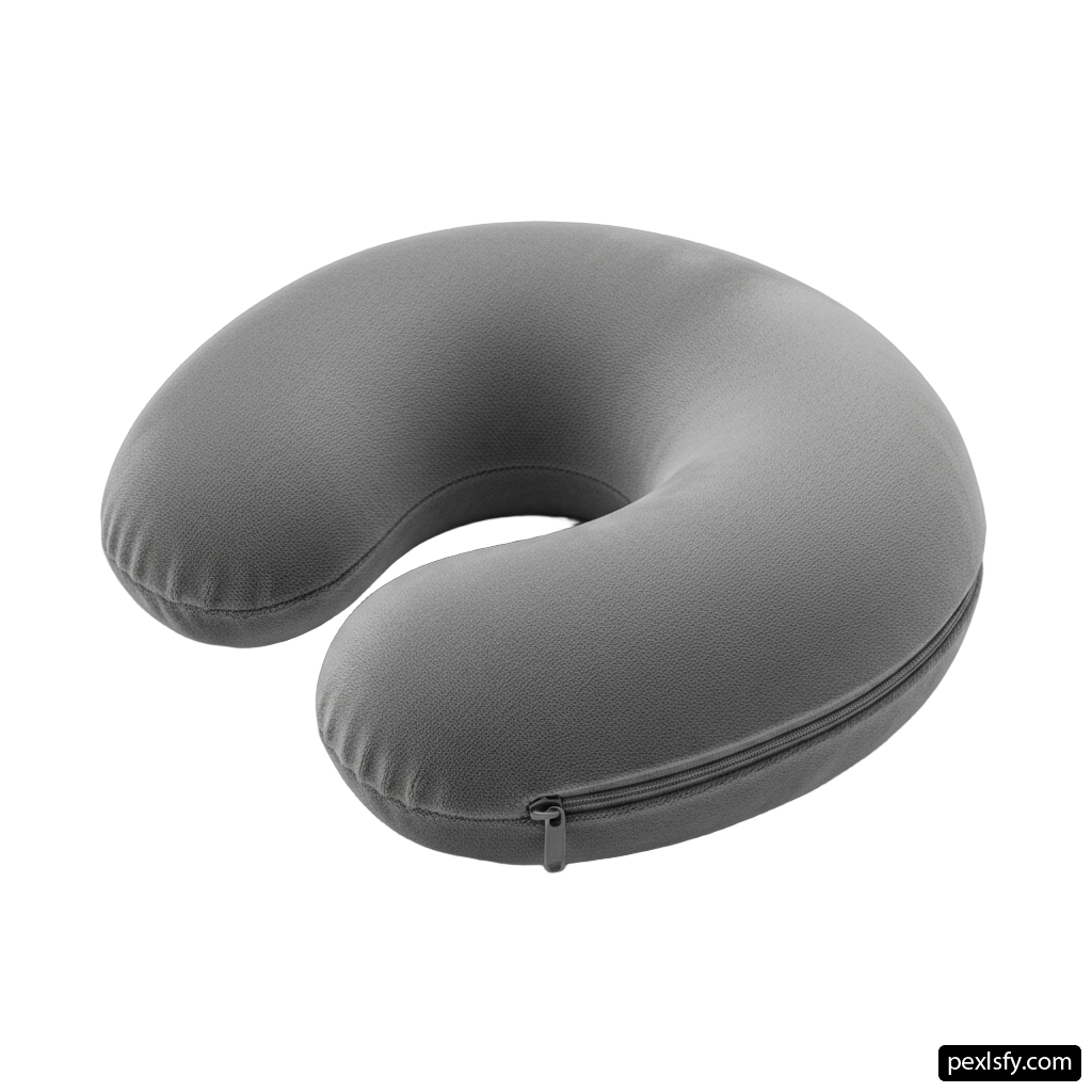 Gray neck pillow with a zipper on it png transparent background